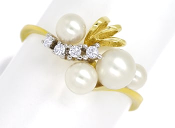 Foto 1 - Damenring mit Diamanten und Perlen in Gelbgold, Q1481